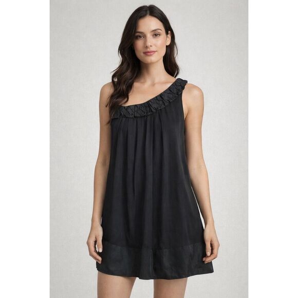 bebe Dresses & Skirts - Bebe Black Silk One Shoulder Dress Embellished Neck Size S